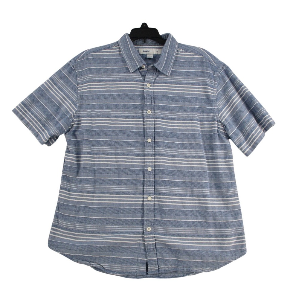 Old Navy Mens Large Slim Fit Short Sleeve Button Down Shirt Blue Stripe Cotton